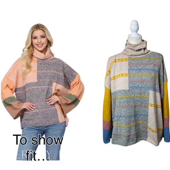 GiGio Color Block and Multi Stripe Turtleneck Oversized Sweater Small - Picture 1 of 10